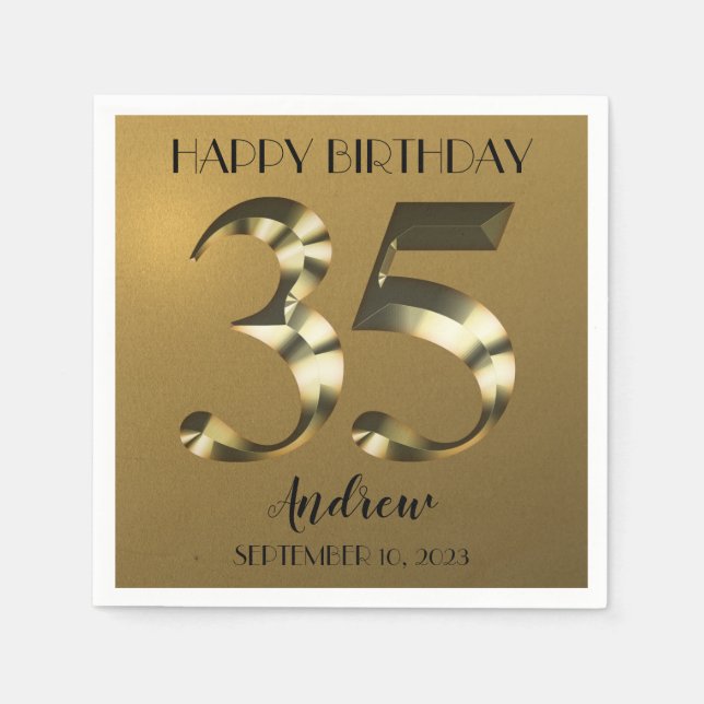 Metallic golden 35th birthday napkin (Front)