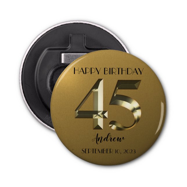 Metallic golden 45th birthday bottle opener (Front)