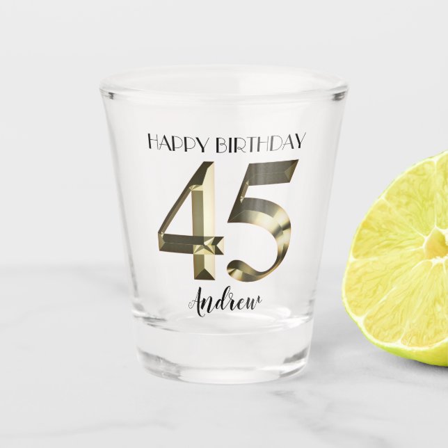 Metallic golden 45th birthday shot glass (Front)