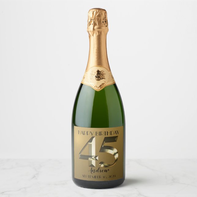 Metallic golden 45th birthday sparkling wine label (Front)