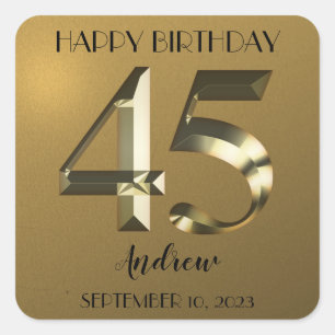 Metallic golden 45th birthday square sticker
