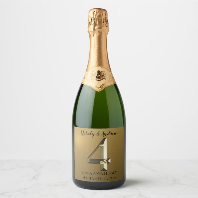 Metallic golden 4th Wedding Anniversary Sparkling Wine Label (Front)