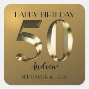 Metallic golden 50th birthday square sticker