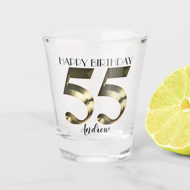 Metallic golden 55th birthday shot glass (Front)