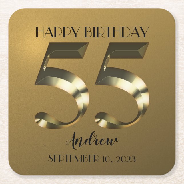 Metallic golden 55th birthday square paper coaster (Front)