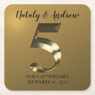 Metallic golden 5th Wedding Anniversary Square Paper Coaster