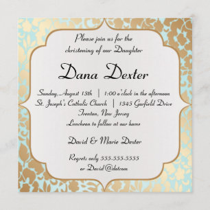 Metallic Golden Aqua Floral Baptism Invitation