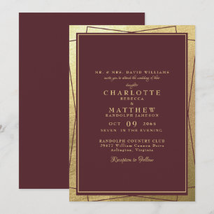 Metallic Golden Elegance & Burgundy Wedding Invitation