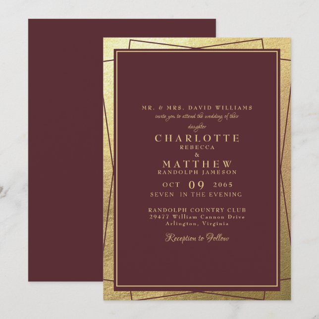 Metallic Golden Elegance & Burgundy Wedding Invitation (Front/Back)