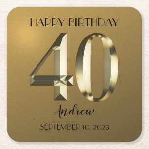Metallic golden foil 40th birthday square paper coaster
