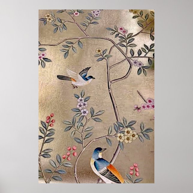 Metallic Golden Garden Chinoiserie with Song Birds Poster (Front)