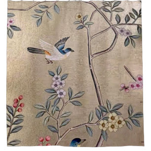 Metallic Golden Garden Chinoiserie with Song Birds Shower Curtain