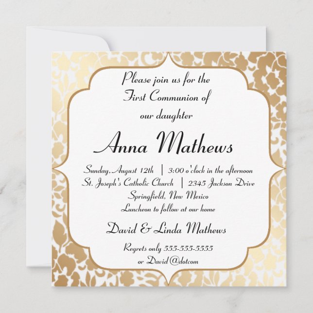 Metallic Golden White Floral First Communion Invitation (Front)