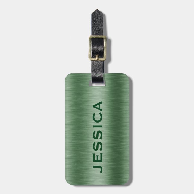 Metallic green brushed aluminium texture luggage tag (Front Vertical)