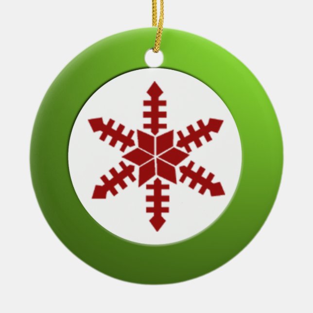 Metallic Green Circle and Red Snowflake Ceramic Tree Decoration (Front)