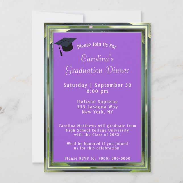Metallic Green Frame Purple Dinner Cap Graduation Invitation (Front)