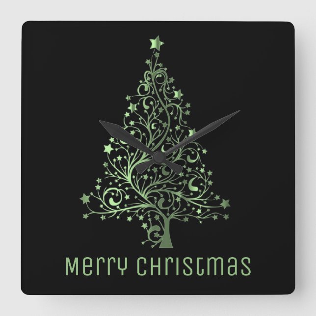 Metallic Green Stars Christmas Tree Elegant Black Square Wall Clock (Front)