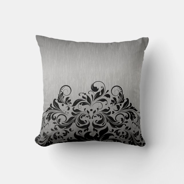 Metallic Grey & Black Floral Lace Cushion (Front)
