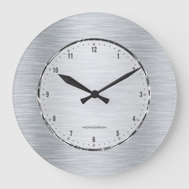 Metallic Grey Brushed Aluminium Look Large Clock (Front)