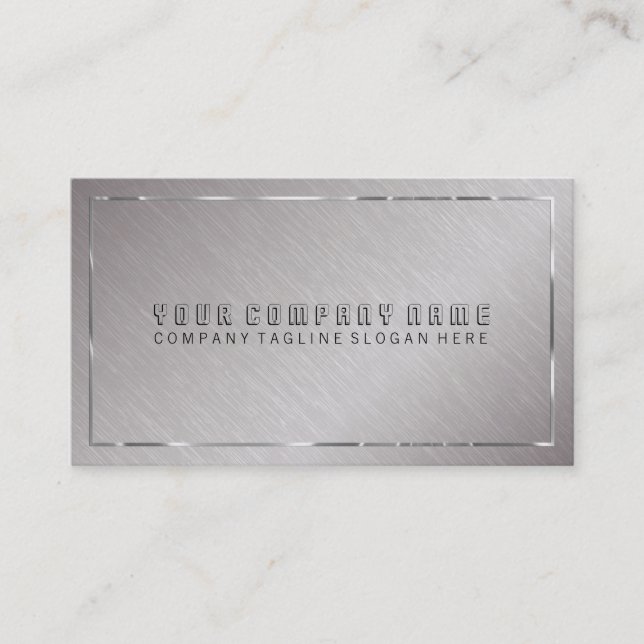 Metallic Grey Brushed Steel, Silver Border Accents Business Card (Front)