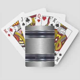 Metallic grey industrial geometric design Monogram Playing Cards