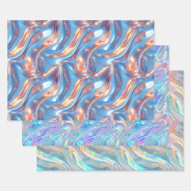 Metallic Holographic Pattern Blue Purple Girly Wrapping Paper Sheet (Set)