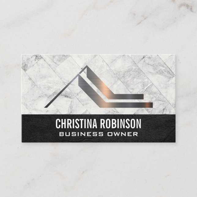 Metallic Home Logo | White Marble Tiles Business Card (Front)