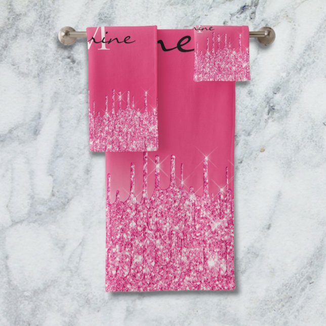 Metallic Hot Pink Dripping Glitter Monogrammed Bath Towel Set (Creator Uploaded)