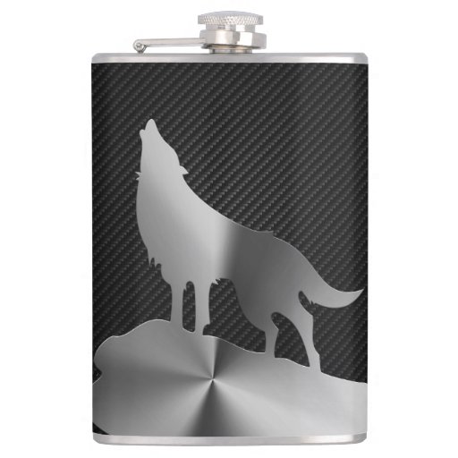 Image of Metallic howling wolf with carbon fibre Hip Flask