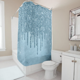 Metallic Ice Blue Drip   Glitzy Glam Glitter Melt Shower Curtain
