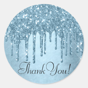 Metallic Ice Blue Drip Glitzy Glam Thank You Classic Round Sticker