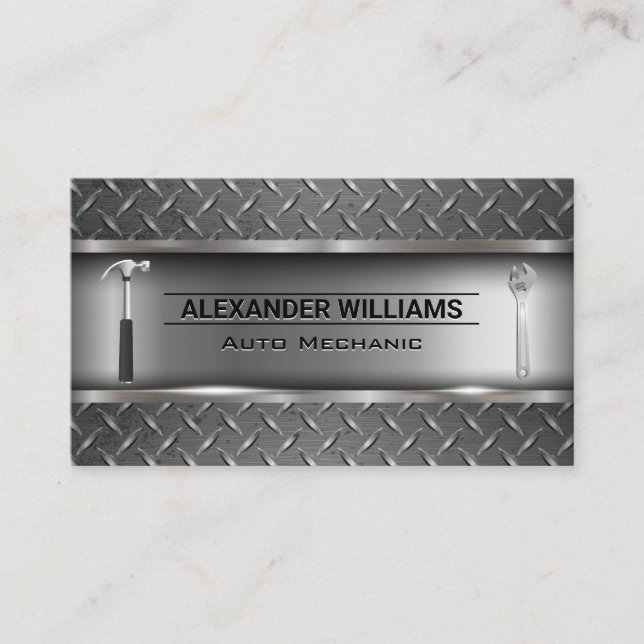 Metallic Industrial Steel | Hammer | Wrench Business Card (Front)