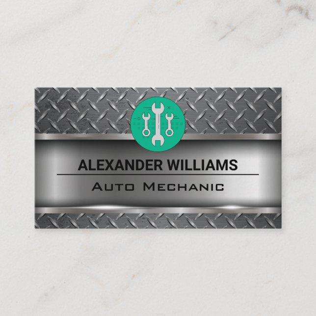 Metallic | Industrial Steel | Wrench Logo Business Card (Front)