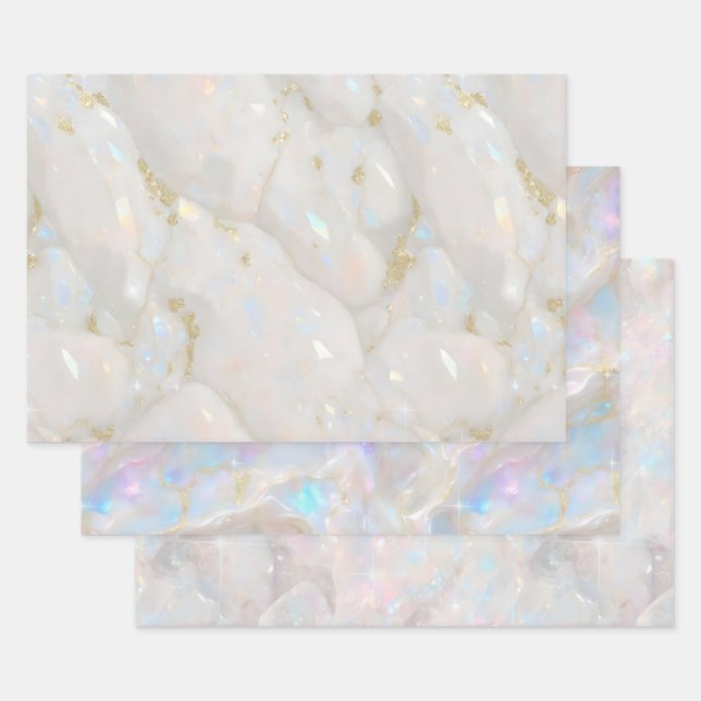 Metallic Iridescent Opal Gemstone Crystal Elegant Wrapping Paper Sheet (Set)