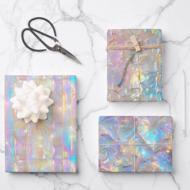 Metallic Iridescent Rainbow Holographic Girly Wrapping Paper Sheet (Front)