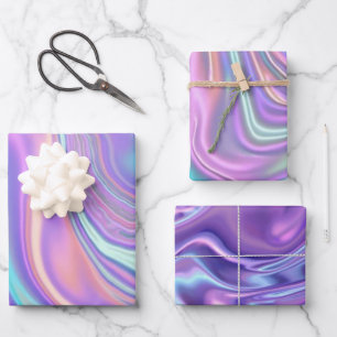 Metallic Iridescent Rainbow Pink Aqua Purple Wrapping Paper Sheet