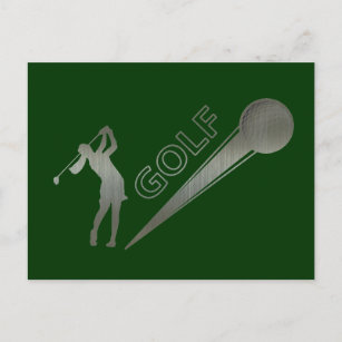 Metallic lady golfer hitting golf ball postcard