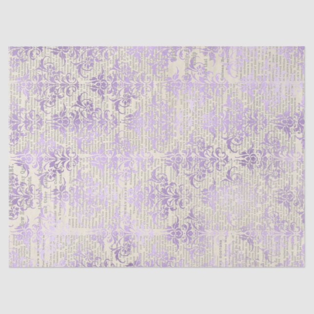 Metallic Lavender Damask on Newsprint Decoupage Tissue Paper (Front)