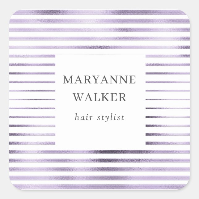 metallic lavender foil stripes elegant monogram square sticker (Front)