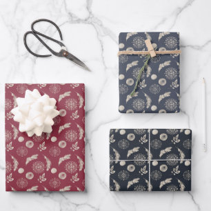 Metallic Leaves and Snowflakes on Red, Blue, Black Wrapping Paper Sheet