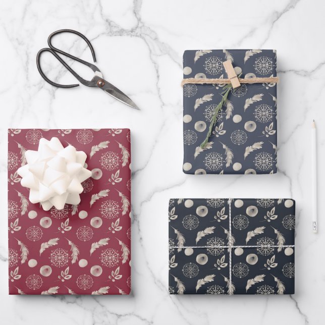 Metallic Leaves and Snowflakes on Red, Blue, Black Wrapping Paper Sheet (Front)