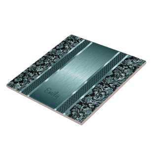 Metallic Light Green Vintage Floral Damasks Tile