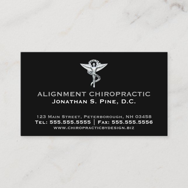 Metallic-Look Chiropractic Emblem Professional Business Card (Front)
