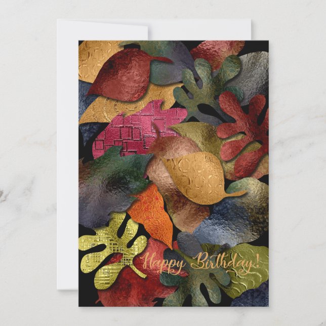 Metallic Look Fall Leaves Happy Birthday Card (Front)
