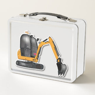 metallic lunchbox with excavator graphics