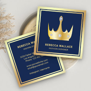 Metallic Luxurious Blue Faux Gold Foil Crown Square Business Card