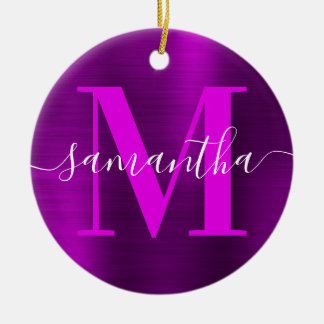 Metallic Magenta Purple Signature Monogram Photo Ceramic Tree Decoration