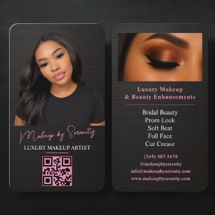 Metallic Makeup Artist QR Code Luxury Black Pink Business Card