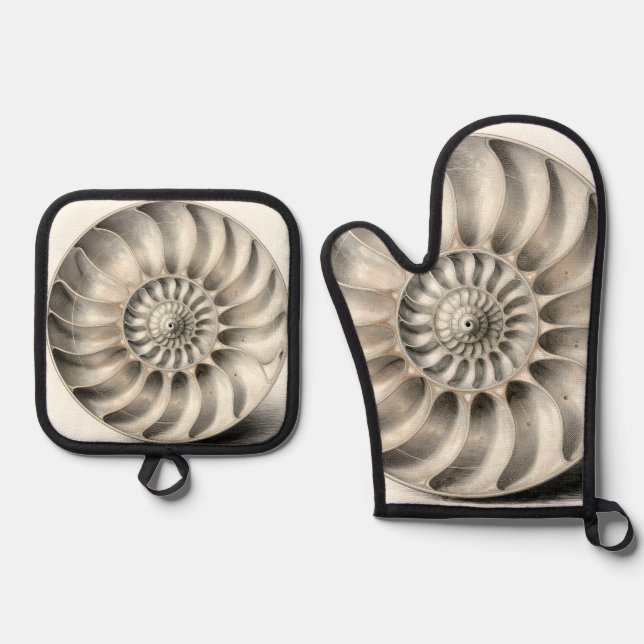 Metallic Nautilus Shell Spiral Geometric  Oven Mitt & Pot Holder Set (Front)