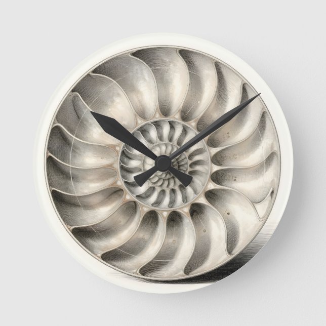 Metallic Nautilus Shell Spiral Geometric  Round Clock (Front)